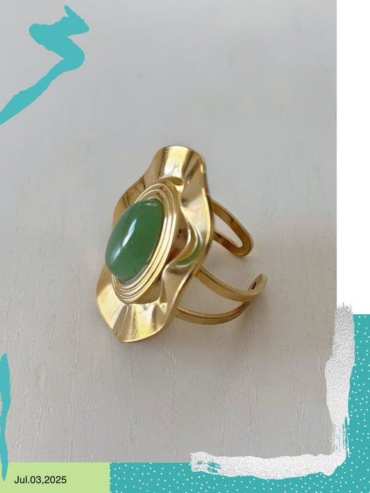 Bague, ronde perles verte, acier, inoxydable dorée réglable