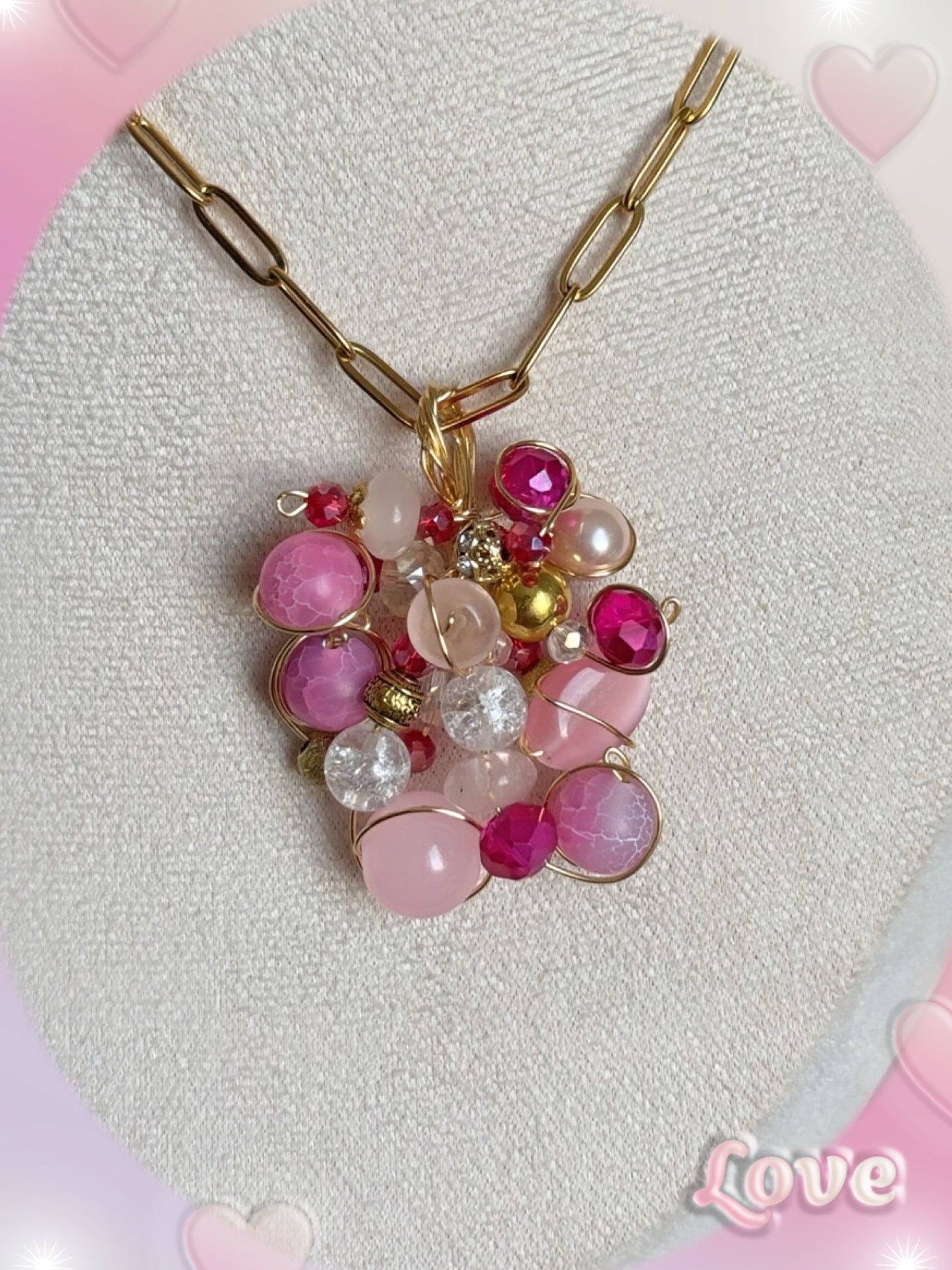 PARURE Collieret Bague perles rose Cyndirella