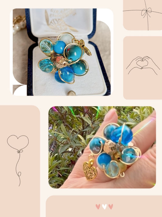 Bague, perle bleue, Murano, dorée, bague créateur