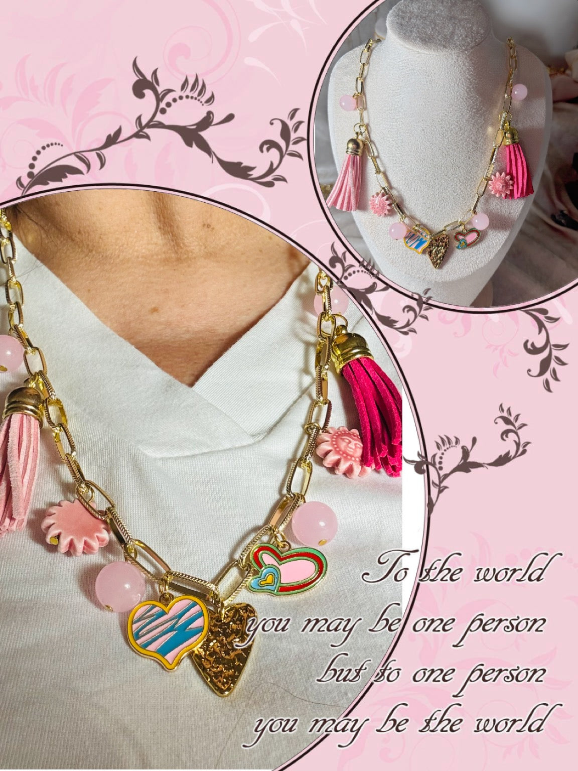Collier breloque perles rose, perle céramique en forme de soleil et pompon et cœur en émail