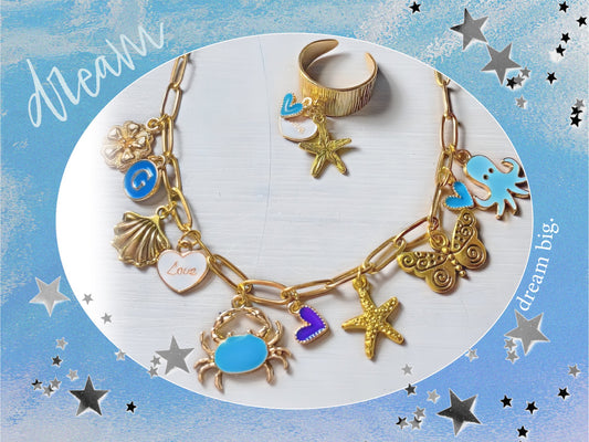 Collier breloque, bleu et doré, étoile de mer et bague assorti réglable