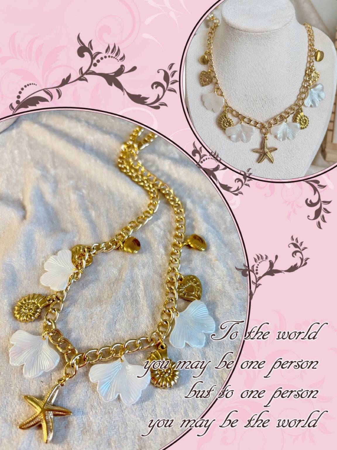 Collier breloques avec feuilles de ginkgo blanc nacré et aprets doré en acier inoxydable doré 
