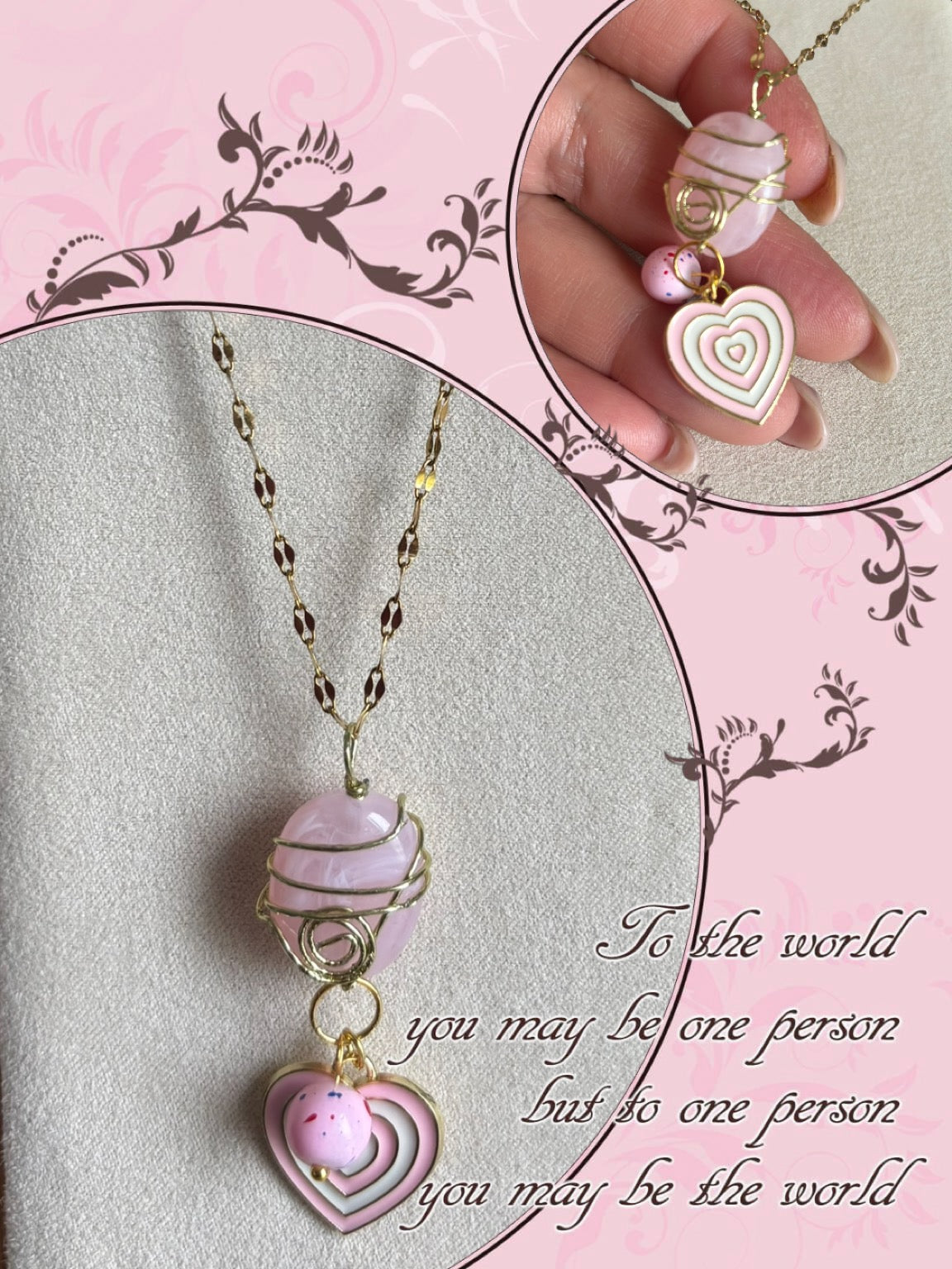 Collier de création, perle, rose et cœur en émail, rose sur fil doré et chaîne fine en acier inoxydable