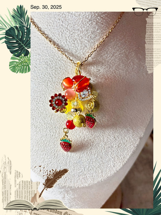 Collier perles Murano et strass rouge et jaune