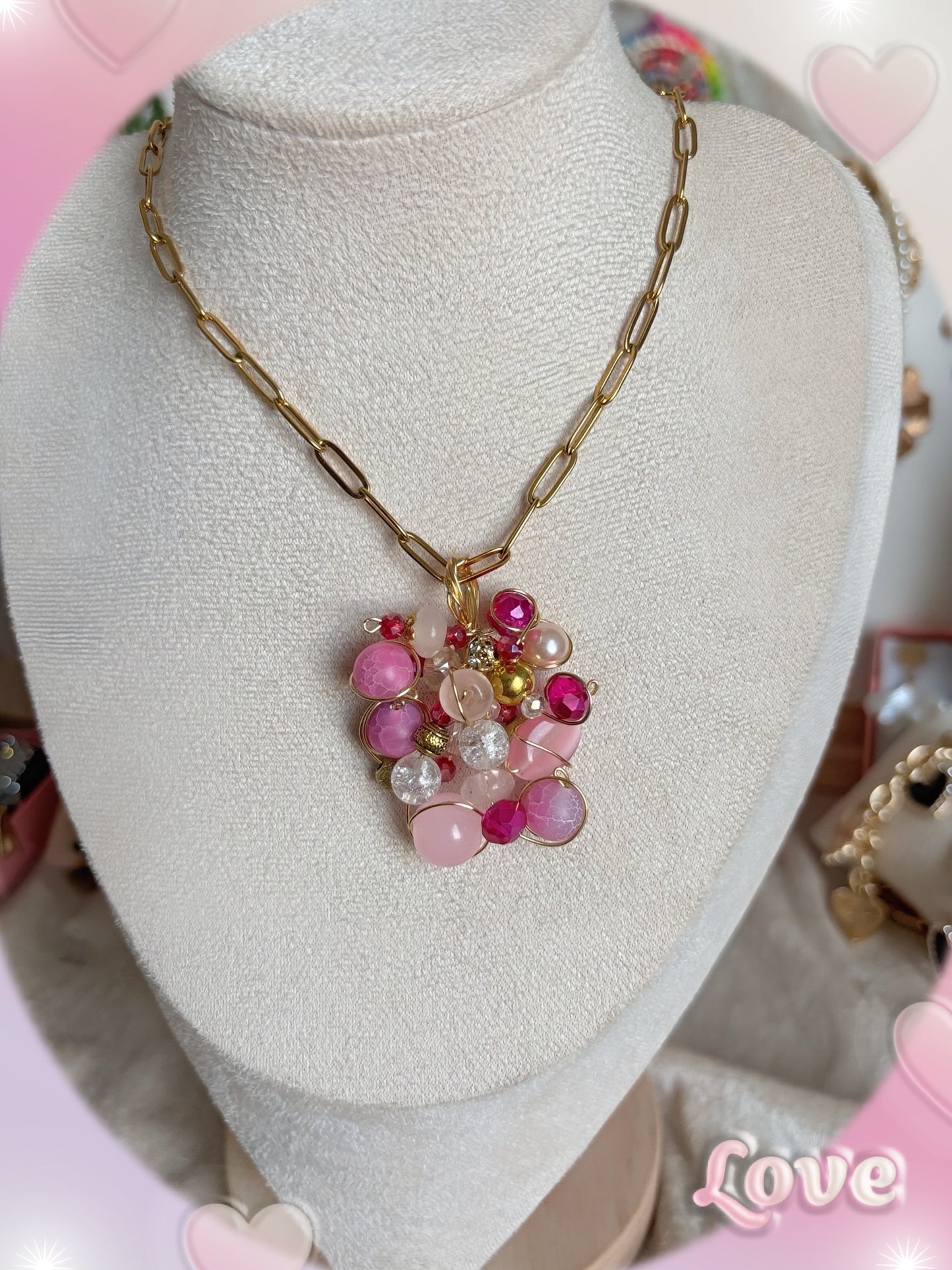 PARURE Collieret Bague perles rose Cyndirella