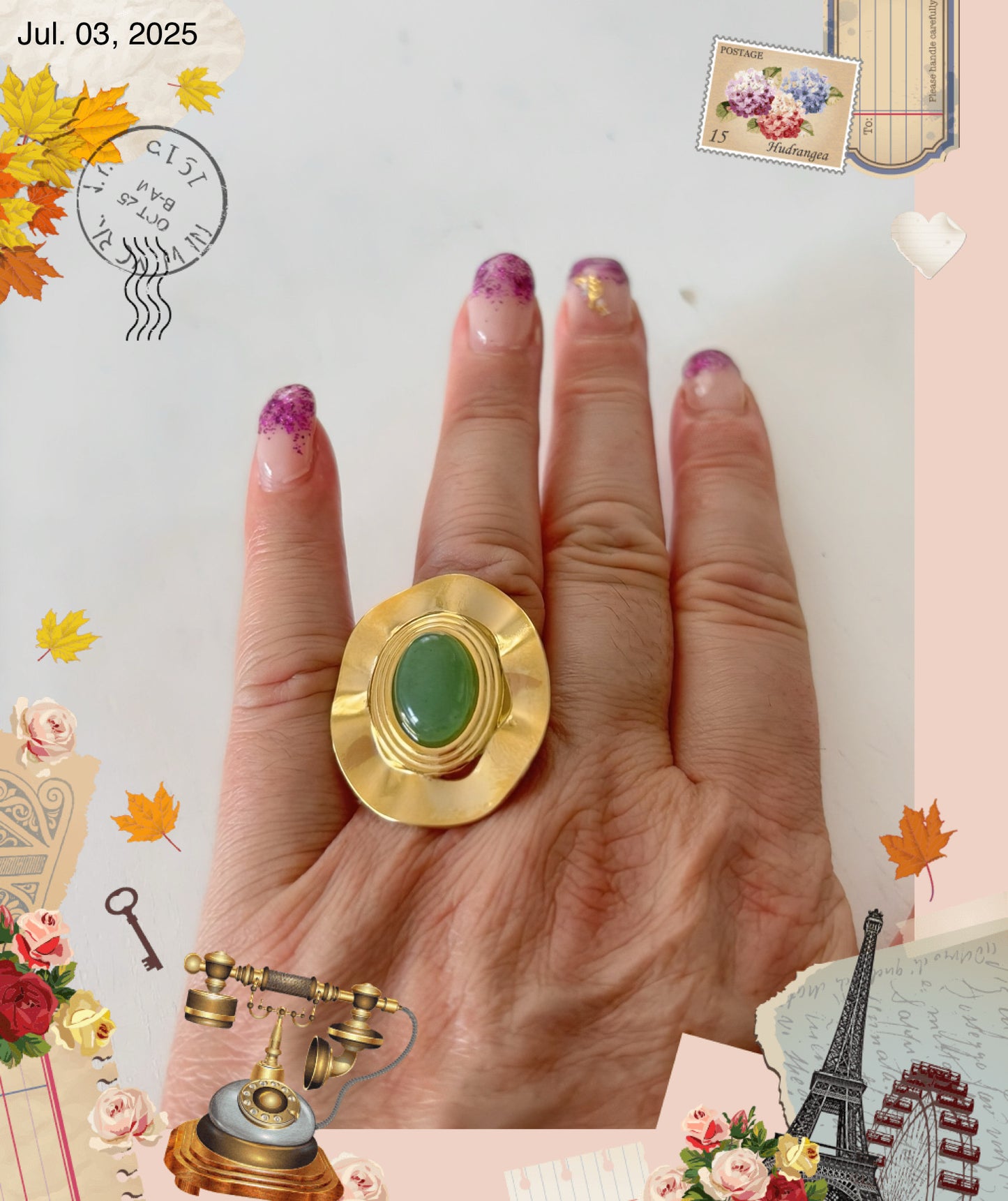 Bague, ronde, perles, verte, acier, inoxydable doré