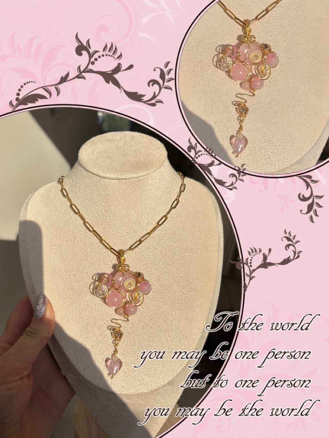 Collier rose , perles Quartz rose , perles Murano et facettes verres