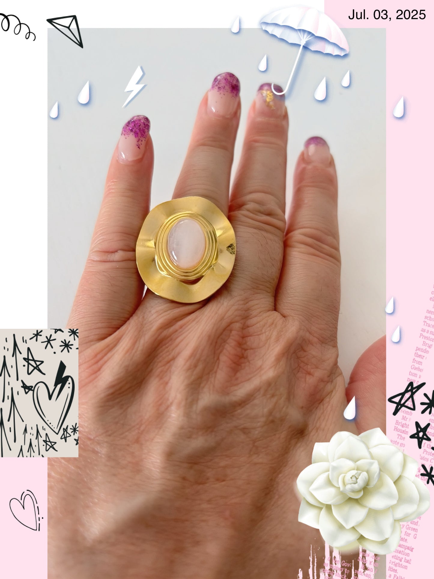 Bague ronde perle naturelle rose acier, inoxydable doré