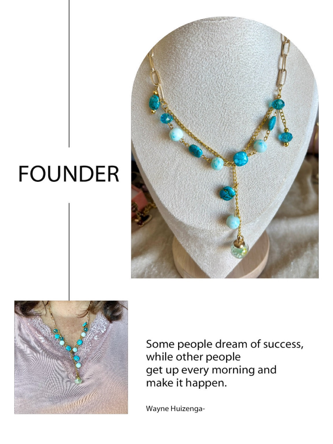 Sautoir, doré et perles bleues turquoise long