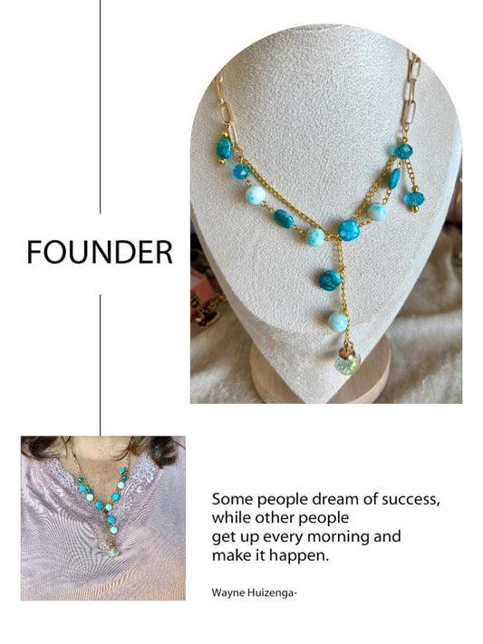 Sautoir, doré et perles bleues turquoise long