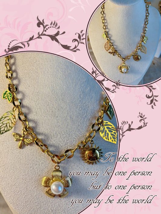 Collier doré en acier inoxydable avec breloque, doré et perle, nacrée fleurs