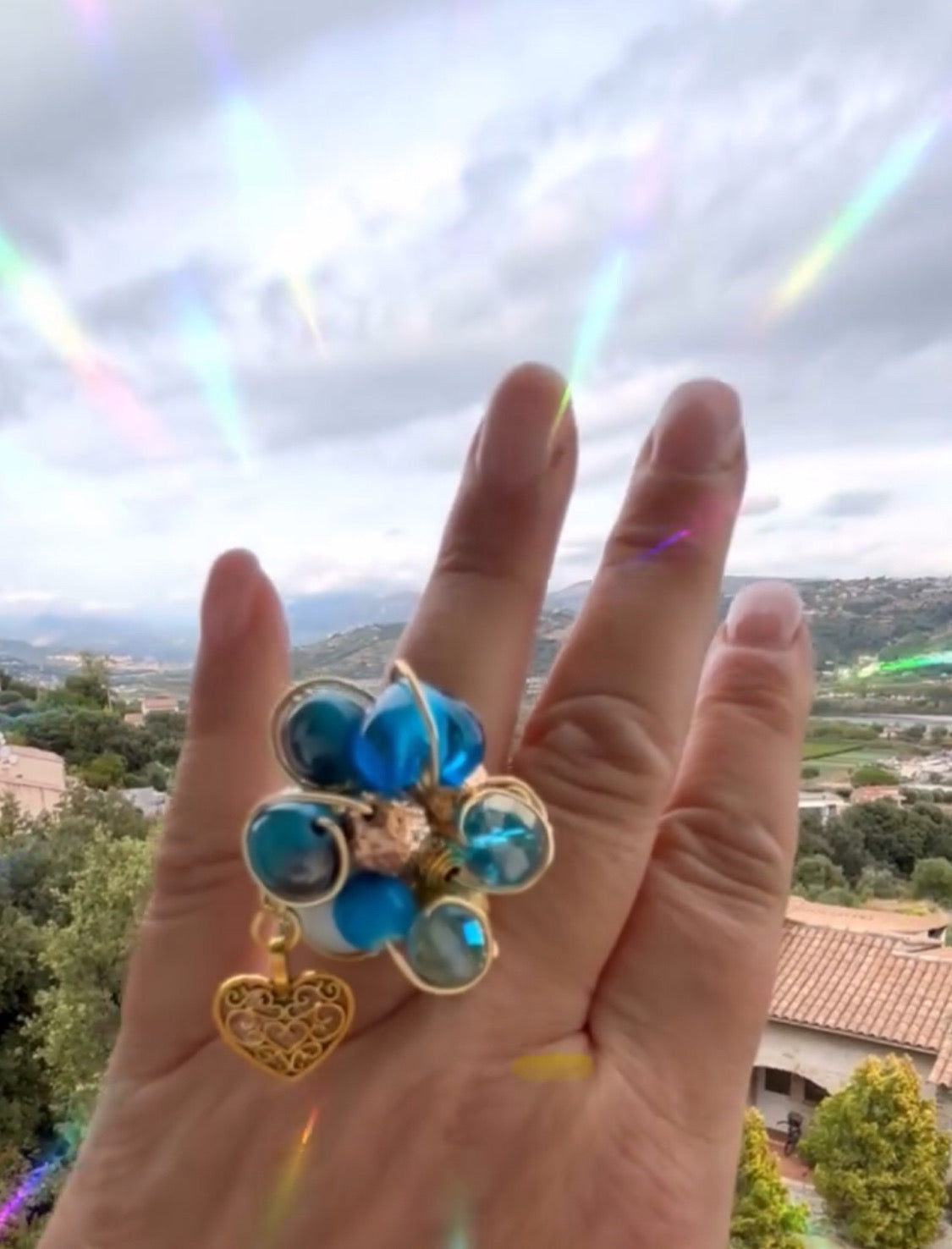 Bague, perle bleue, Murano, dorée, bague créateur