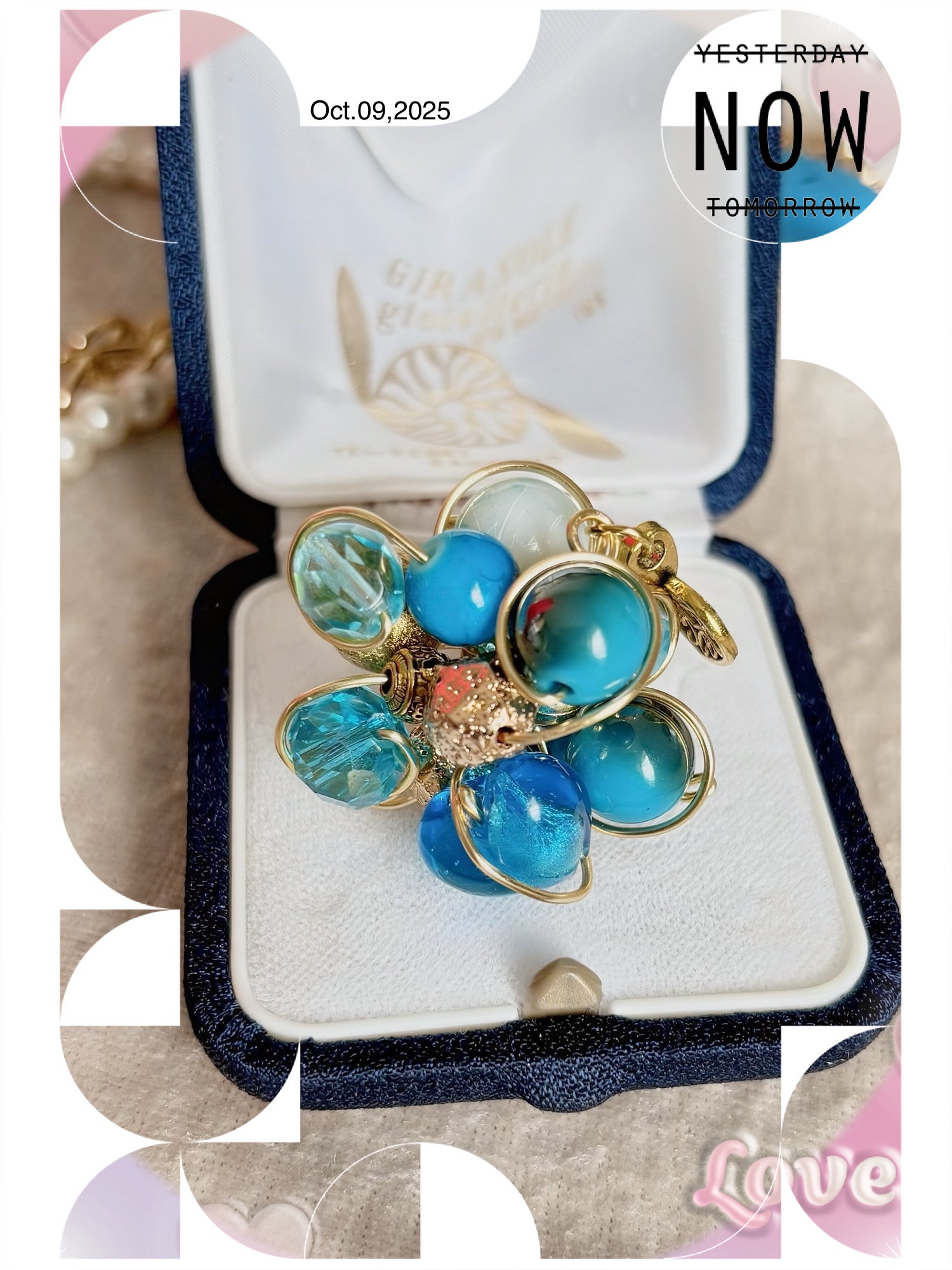 Bague, perle bleue, Murano, dorée, bague créateur