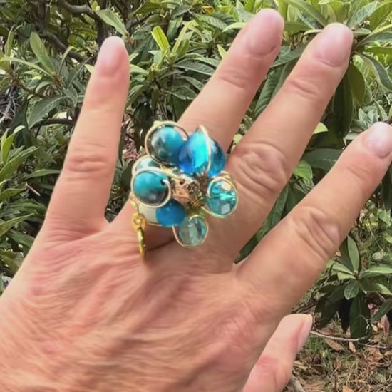 Bague bleue , perle bleue, Murano, dorée, bague créateur