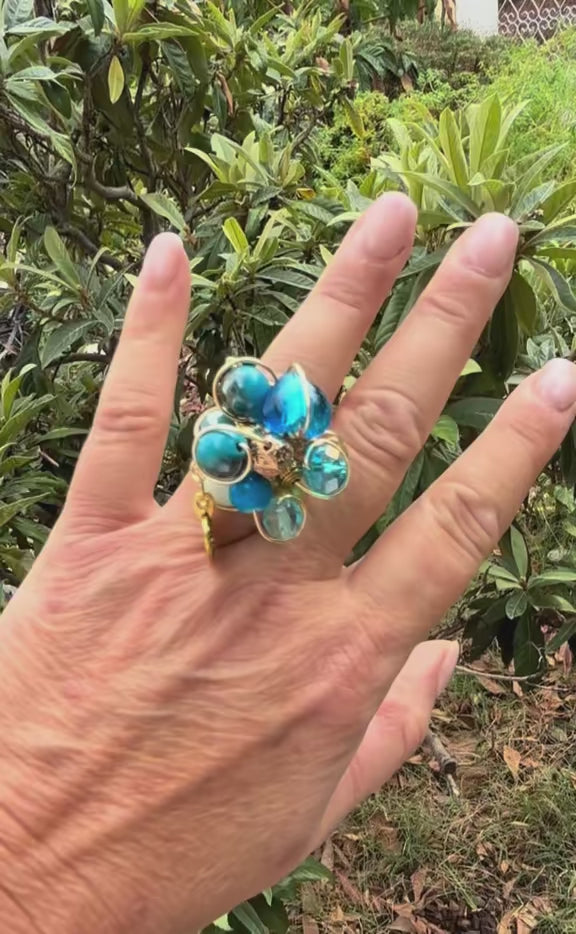 Bague bleue , perle bleue, Murano, dorée, bague créateur